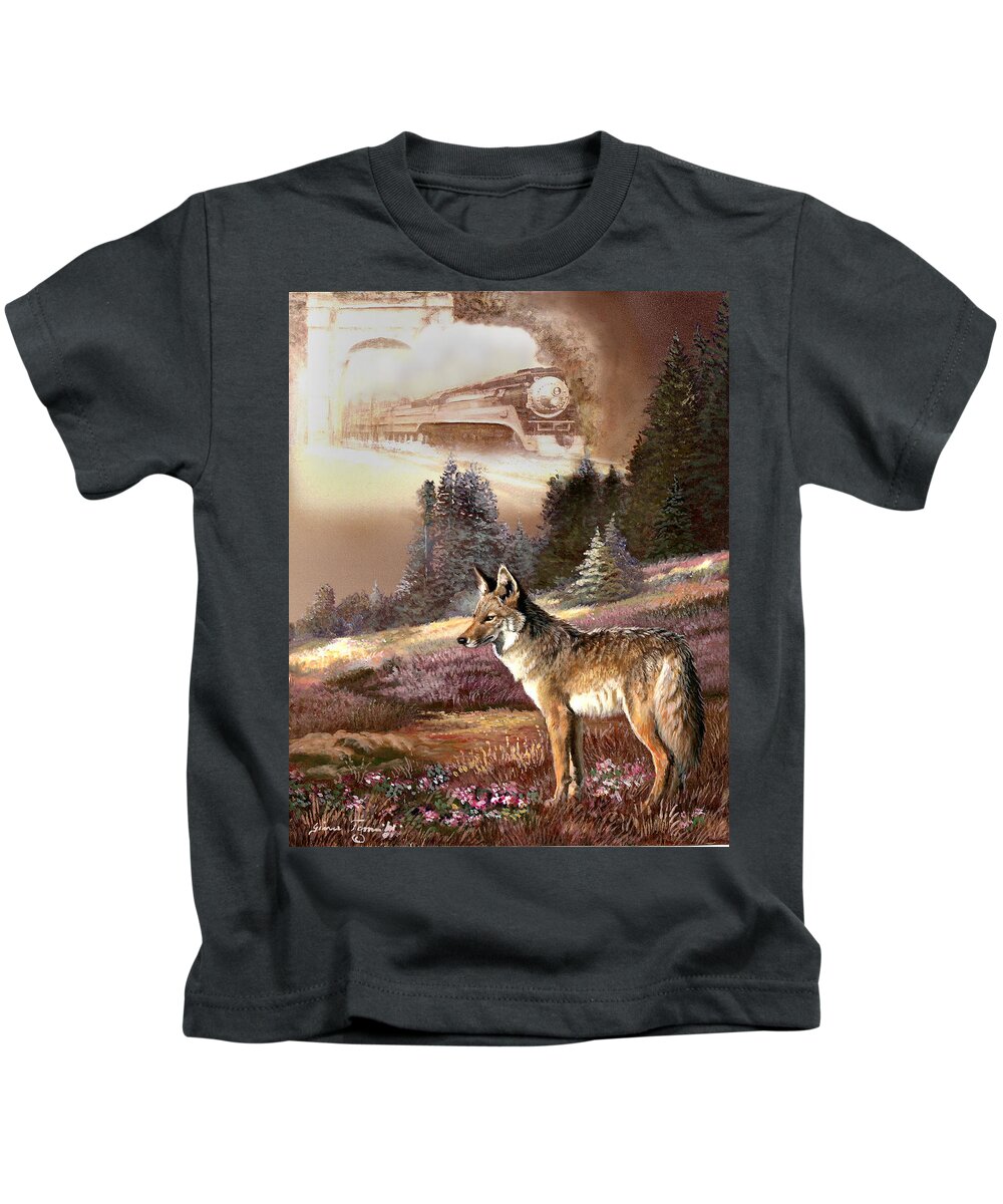 Animal Painting Kids T-Shirt featuring the painting Encounter with the iron hors by Regina Femrite