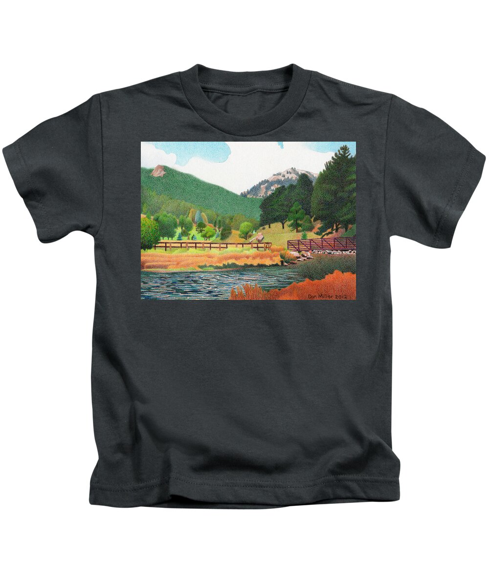 Art Kids T-Shirt featuring the drawing Evergreen Lake Spring by Dan Miller