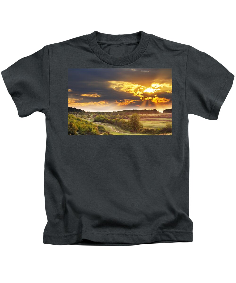 Mountain Kids T-Shirt featuring the photograph Fire in the Sky by Mircea Costina Photography