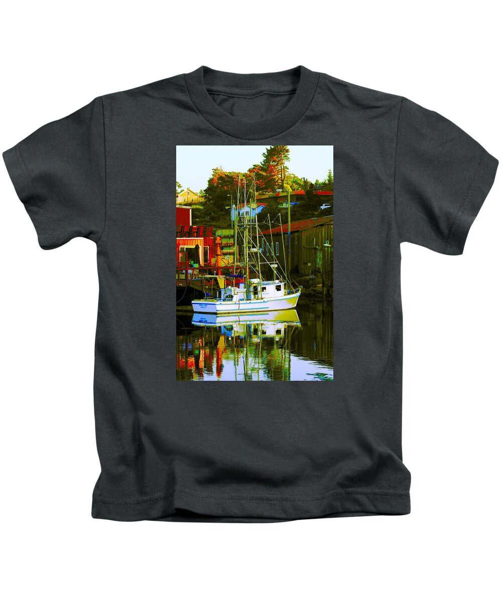 Pacific Northwest Coast Kids T-Shirt featuring the digital art Fish'n Boat at Harbor by Joseph Coulombe