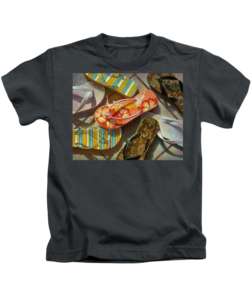 Still Life Kids T-Shirt featuring the painting Flip Flops by Mia Tavonatti