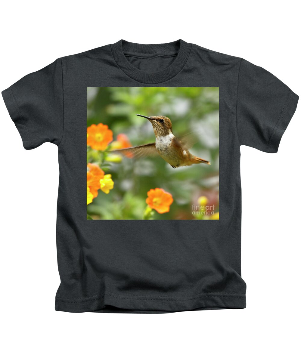 Bird Kids T-Shirt featuring the photograph Flying Scintillant Hummingbird by Heiko Koehrer-Wagner