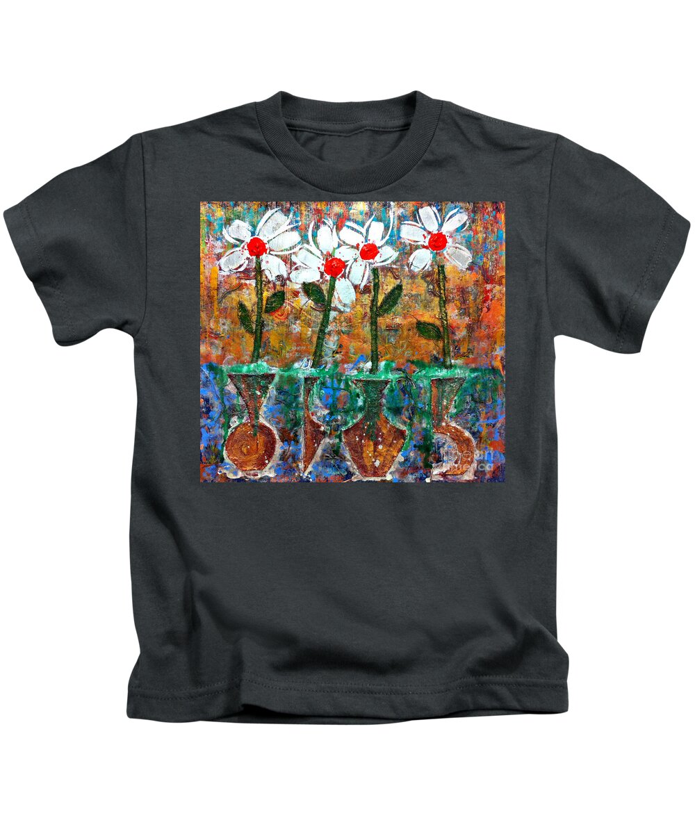 Cleaster Cotton Kids T-Shirt featuring the painting Four Flowers Four Vessels by Cleaster Cotton