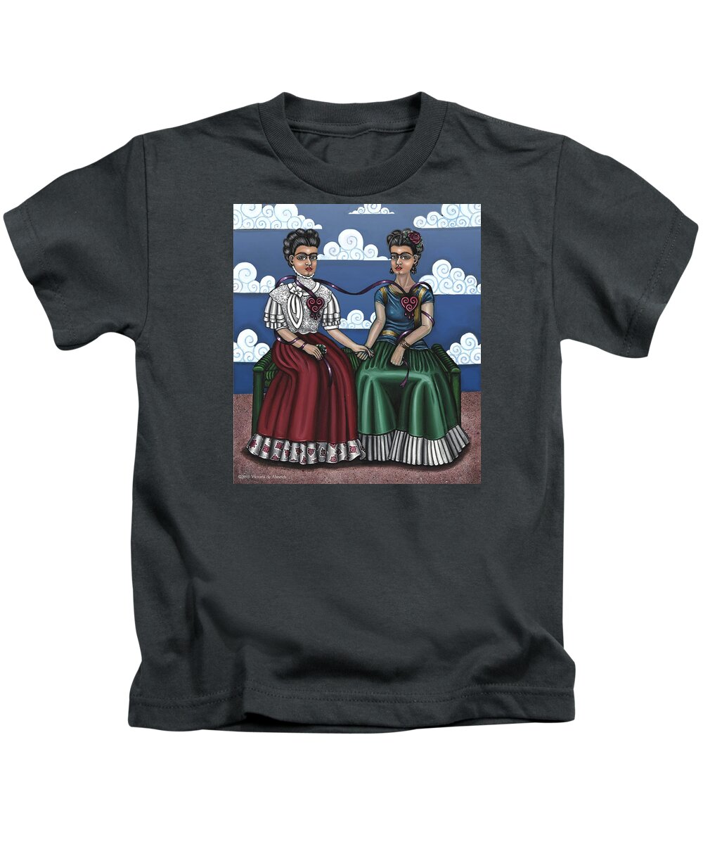 Hispanic Folk Art Kids T-Shirt featuring the painting Frida Beside Myself by Victoria De Almeida