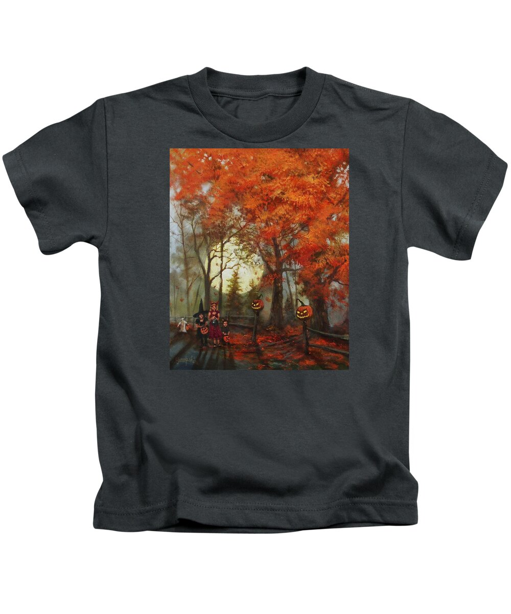  Autumn Kids T-Shirt featuring the painting Full Moon on Halloween Lane by Tom Shropshire