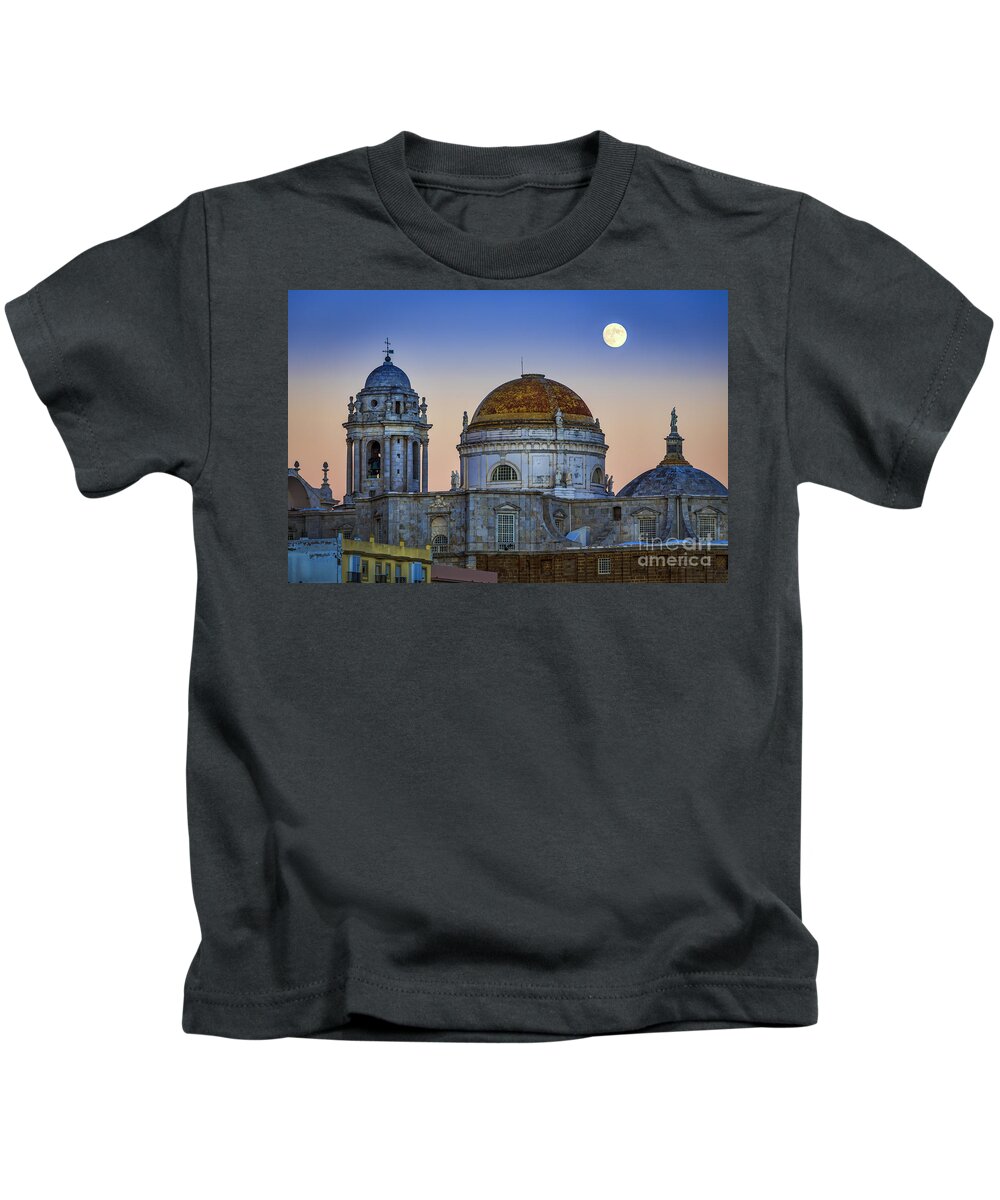Andalucia Kids T-Shirt featuring the photograph Full Moon Rising Over the Cathedral Cadiz Spain by Pablo Avanzini