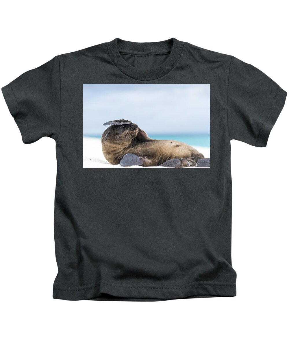 Tui De Roy Kids T-Shirt featuring the photograph Galapagos Sea Lion Pup Covering Face by Tui De Roy