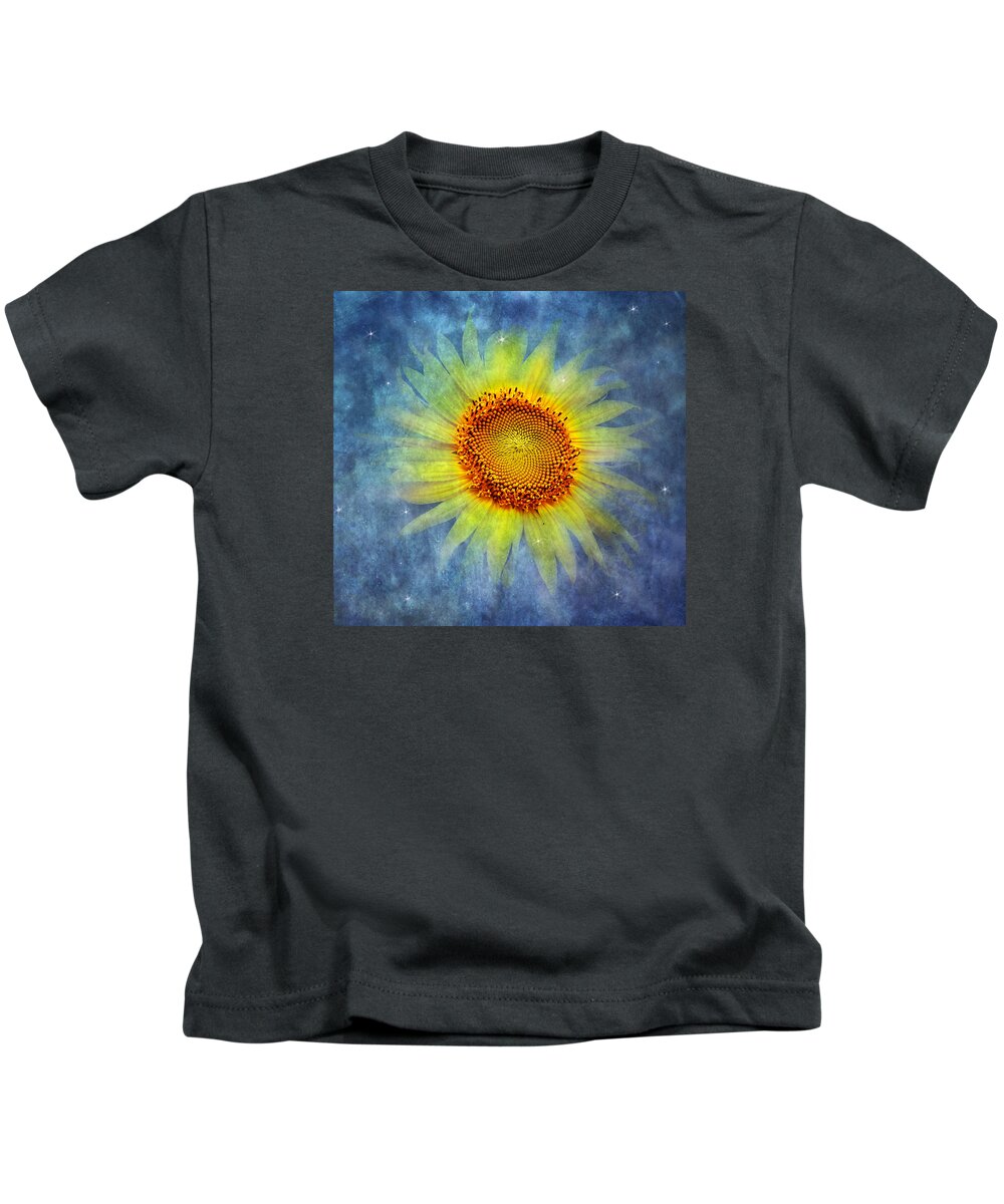 Yellow Sunflower Kids T-Shirt featuring the photograph Galactic Bloom by Marina Kojukhova