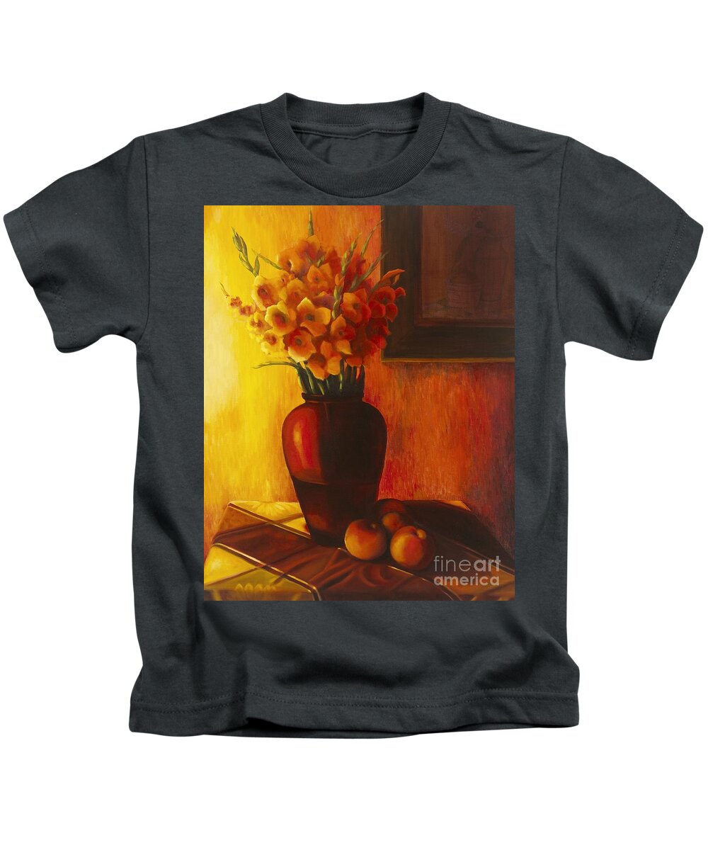 Still Life Kids T-Shirt featuring the painting Gladioli Red by Marlene Book