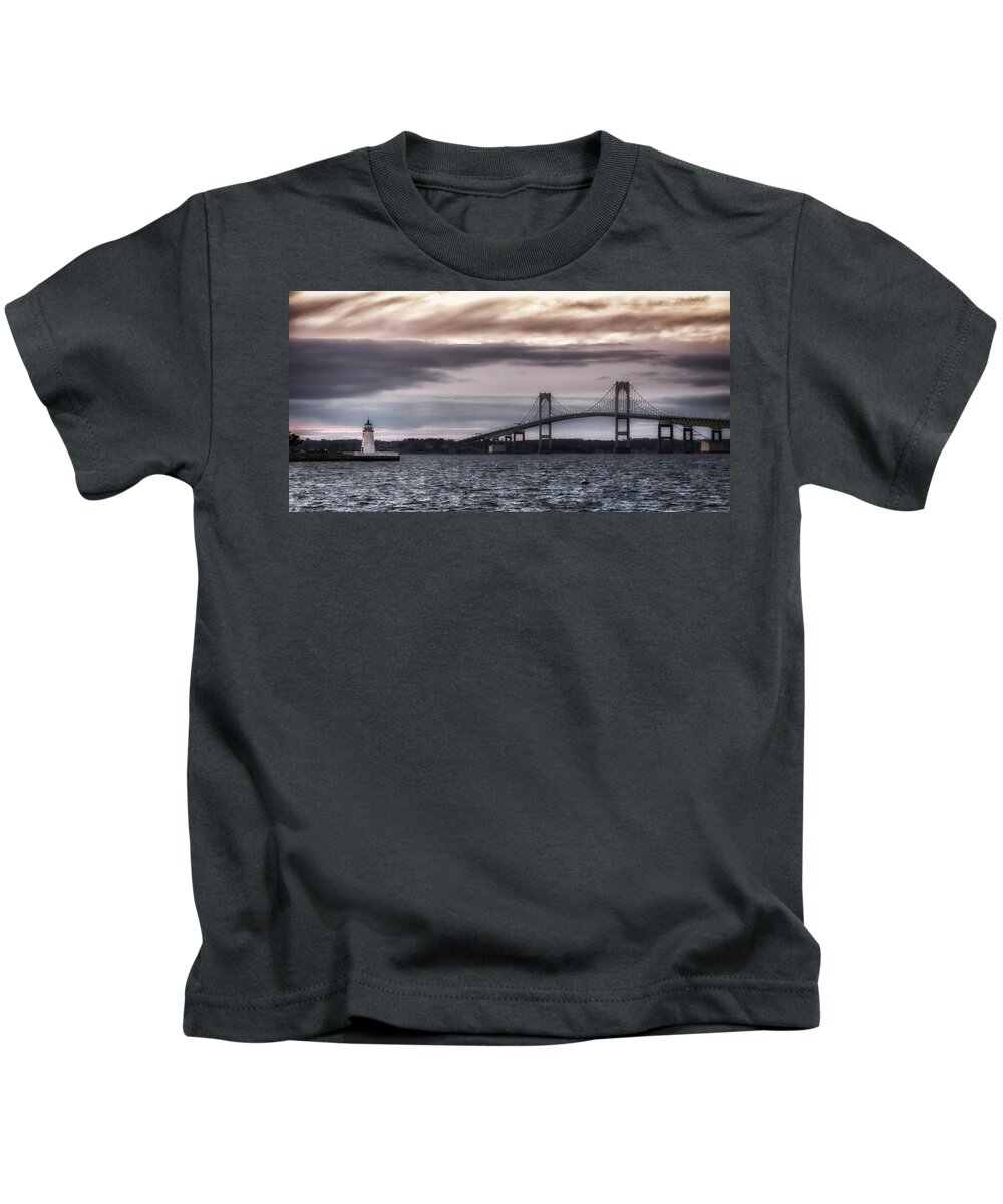 American Kids T-Shirt featuring the photograph Goat Island Lighthouse and Newport Bridge by Joan Carroll