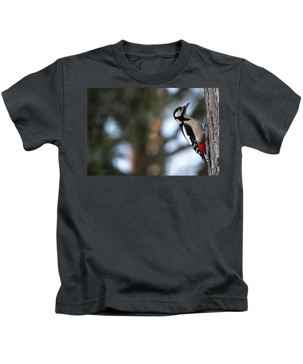 Great Spotted Woodpecker Kids T-Shirt featuring the photograph Great Spotted Woodpecker by Torbjorn Swenelius