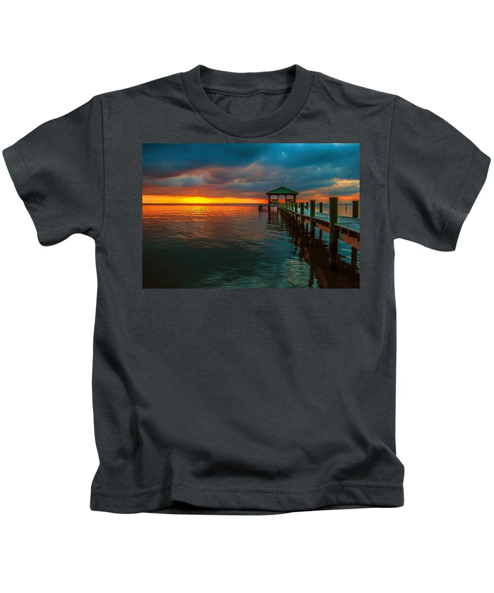 Palm Kids T-Shirt featuring the digital art Green Dock and Golden Sky by Michael Thomas