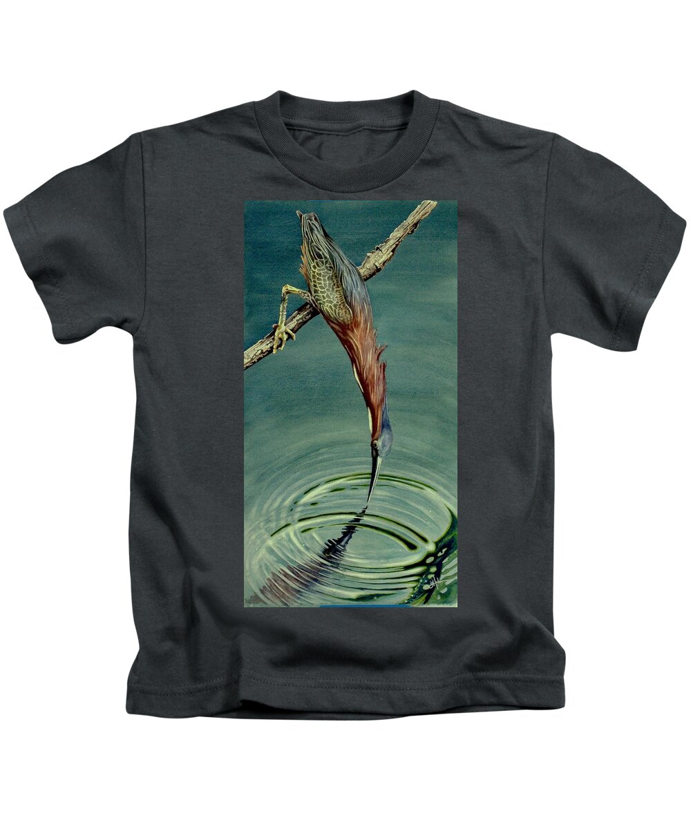 Green Hereon Kids T-Shirt featuring the painting Green Heron by Greg and Linda Halom