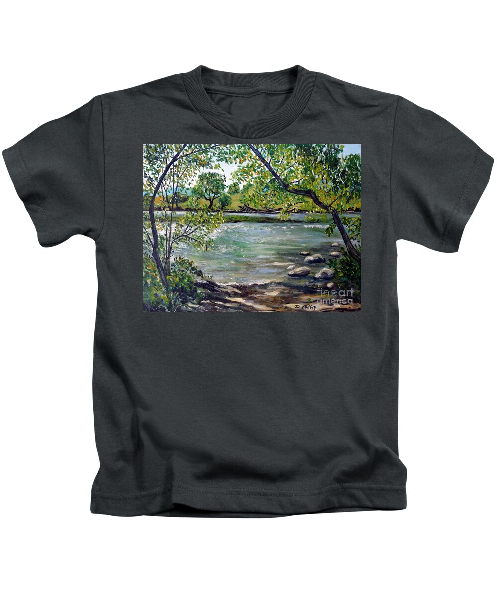 Riverbank Kids T-Shirt featuring the painting Green Hill Park on the Roanoke River by Julie Brugh Riffey