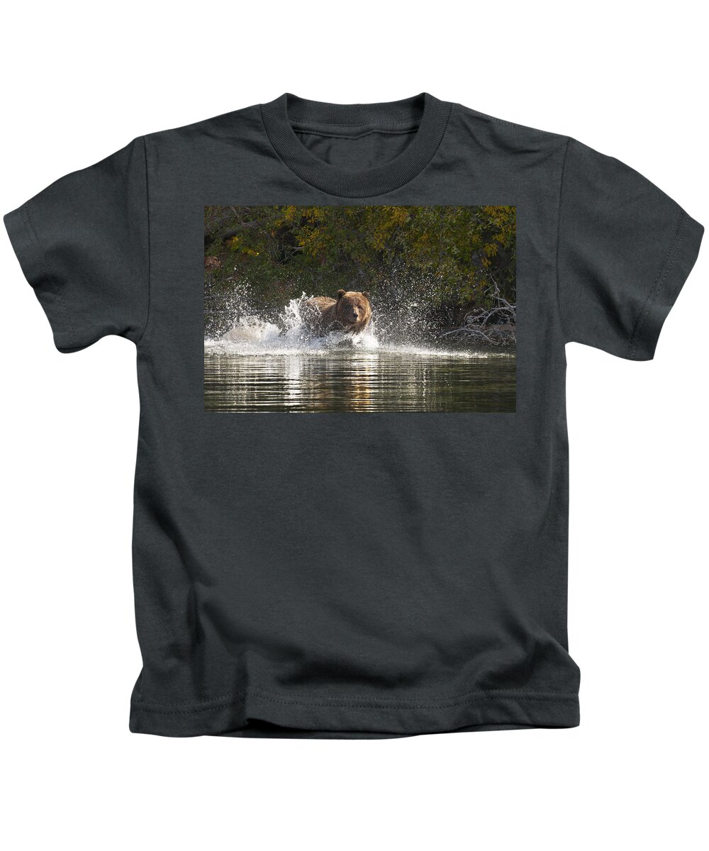 Animal Kids T-Shirt featuring the photograph Grizzly Attack by Bill Cubitt