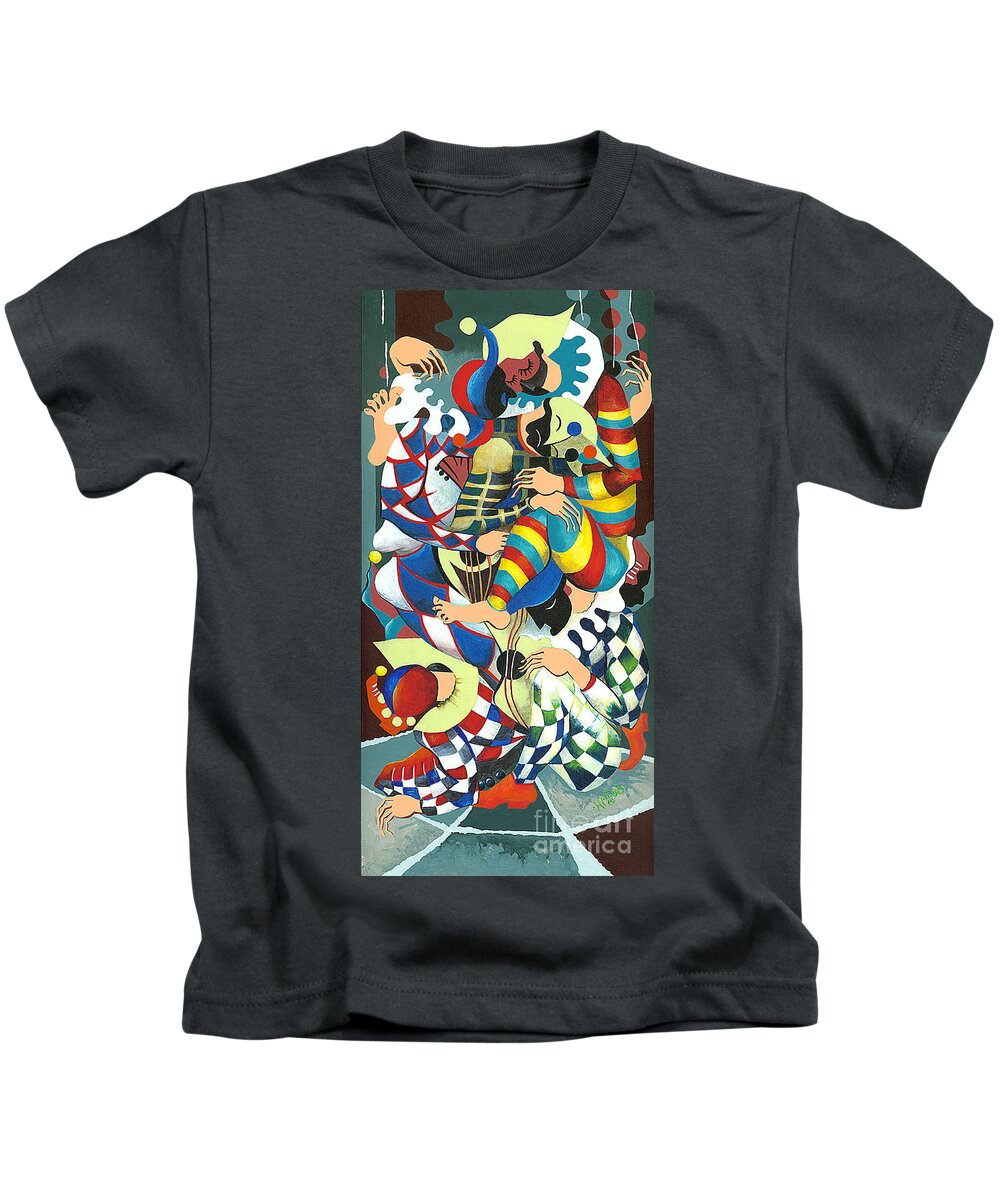 Canvas Prints Kids T-Shirt featuring the painting Harlequins Acting Weird - Why?... by Elisabeta Hermann