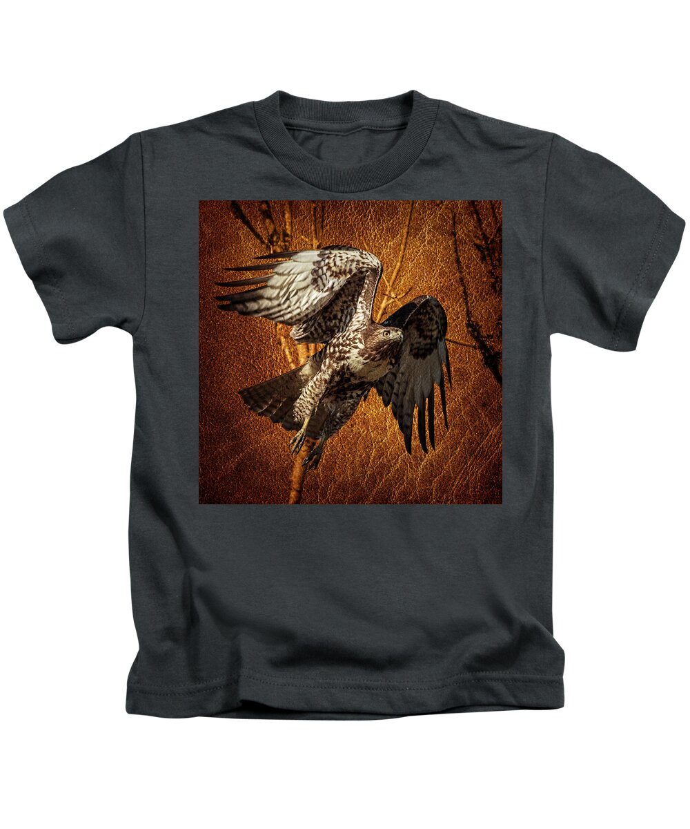 Hawk On Leather Kids T-Shirt featuring the photograph Hawk On Leather by Wes and Dotty Weber