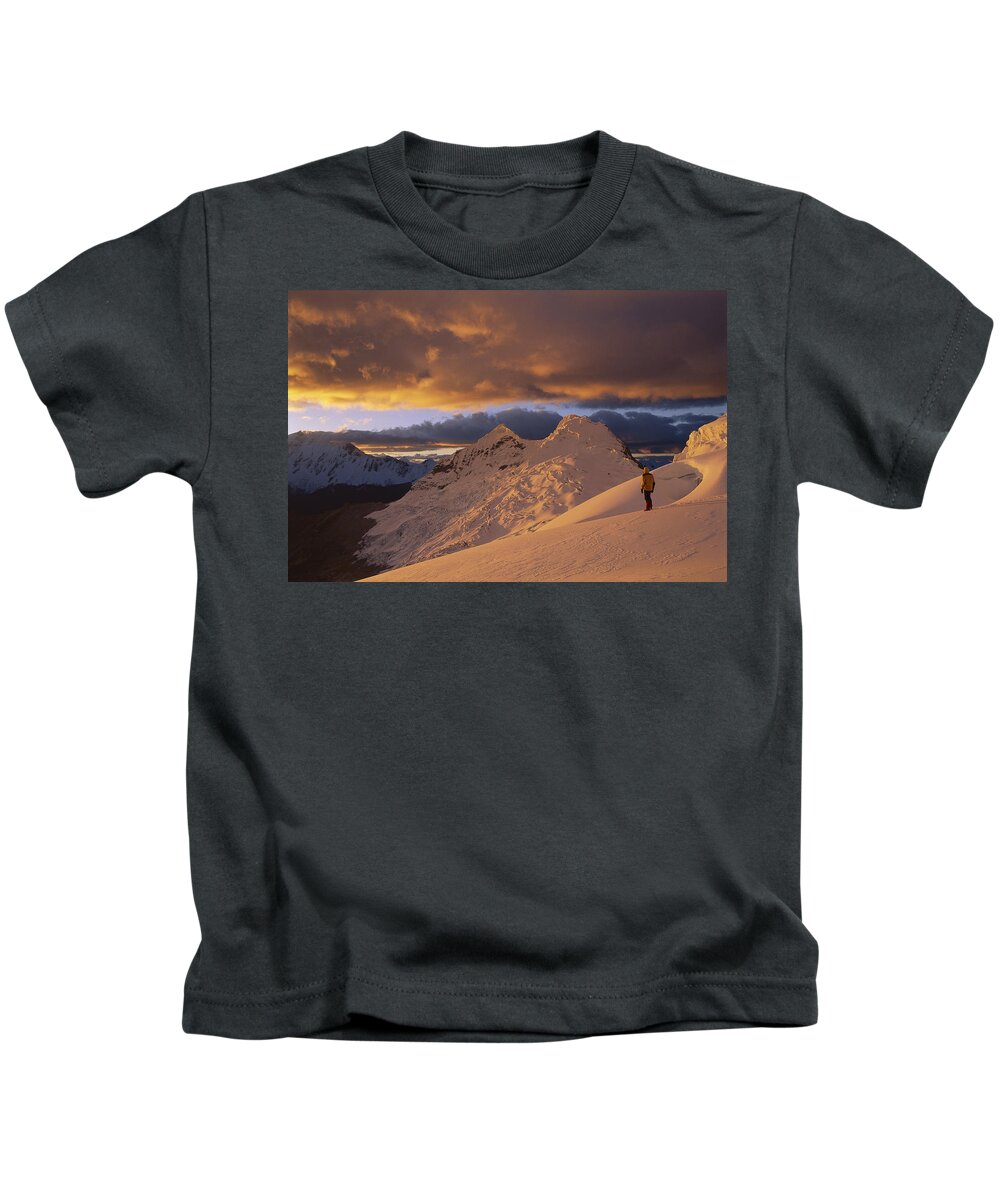 Feb0514 Kids T-Shirt featuring the photograph Hiker At Sunset Chinchey Massif Peru by Grant Dixon