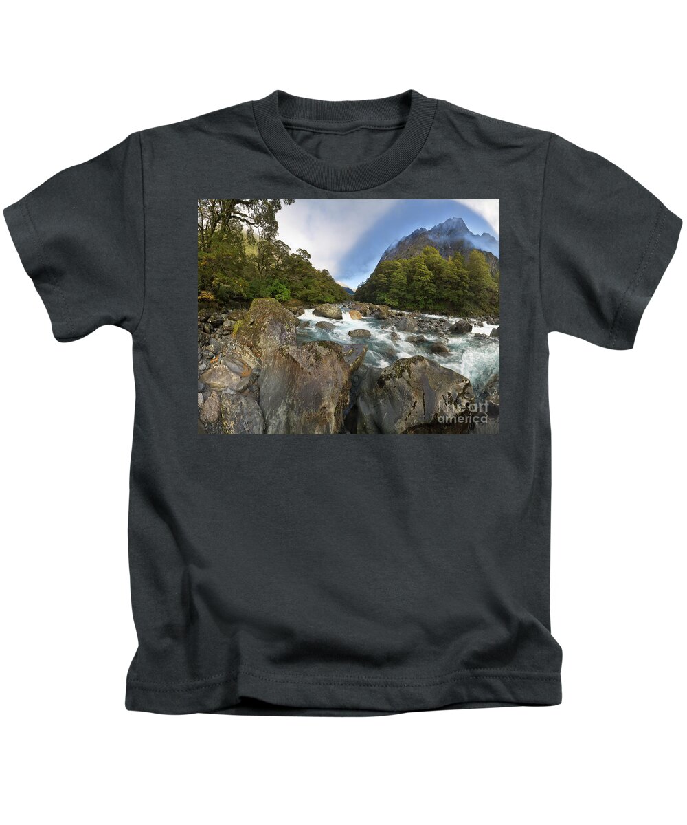 00463431 Kids T-Shirt featuring the photograph Hollyford River Fjordland NP by Yva Momatiuk John Eastcott