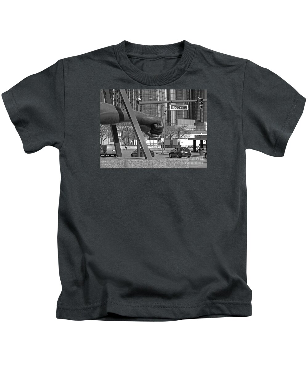 Detroit Kids T-Shirt featuring the photograph Homage to Joe Louis bw by Ann Horn