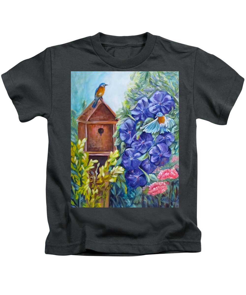 Bluebirds Kids T-Shirt featuring the painting Home at Last by Carol Allen Anfinsen