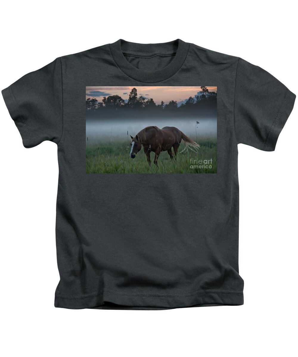 Landscape Kids T-Shirt featuring the photograph Horse and Fog by Cheryl Baxter