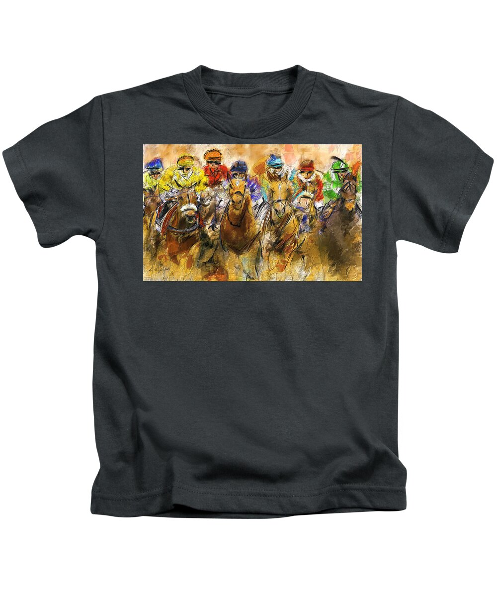 Horse Racing Kids T-Shirt featuring the painting Horse Racing Abstract by Lourry Legarde