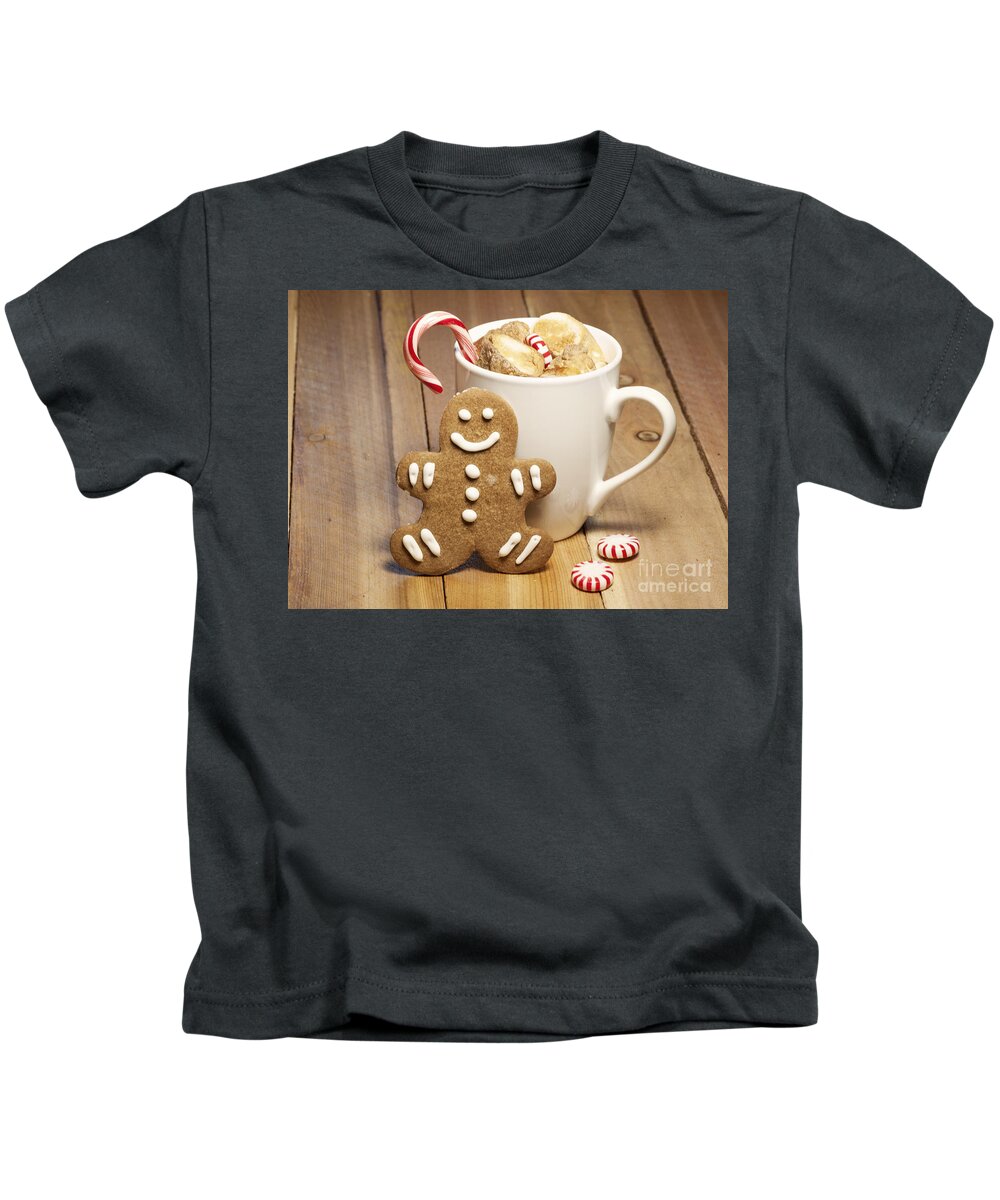 Baked Kids T-Shirt featuring the photograph Hot Chocolate Toasted Marshmallows and a Gingerbread Cookie by Juli Scalzi