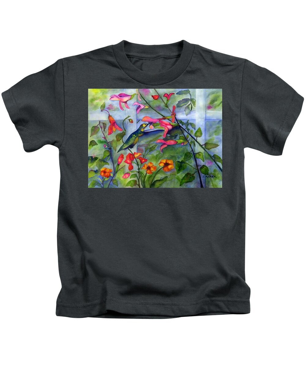 Birds. Hummingbird Kids T-Shirt featuring the painting Hummingbird Dance by Jane Ricker