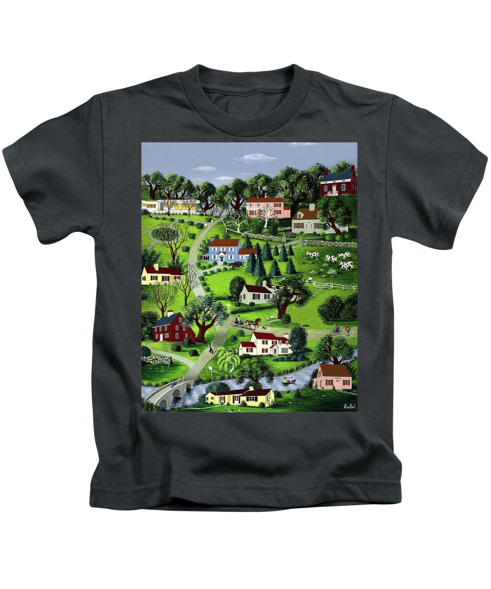 Home Kids T-Shirt featuring the digital art Illustration Of A Village by Victor Bobritsky