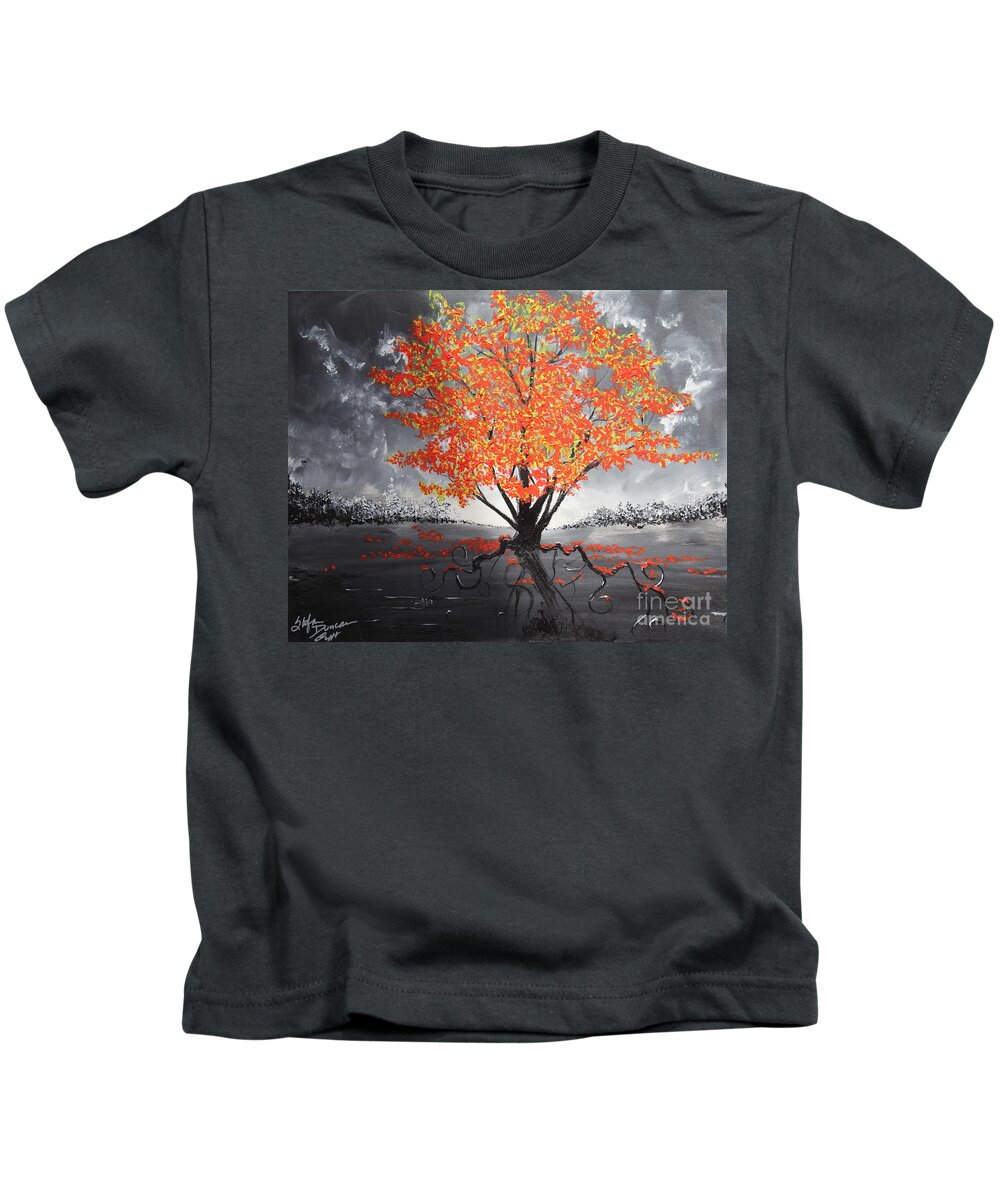 Red Tree Kids T-Shirt featuring the painting Blaze In The Twilight #1 by Stefan Duncan