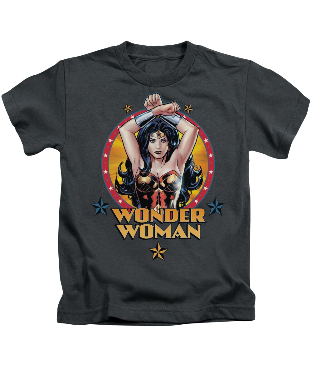 Justice League Of America Kids T-Shirt featuring the digital art Jla - Powerful Woman by Brand A