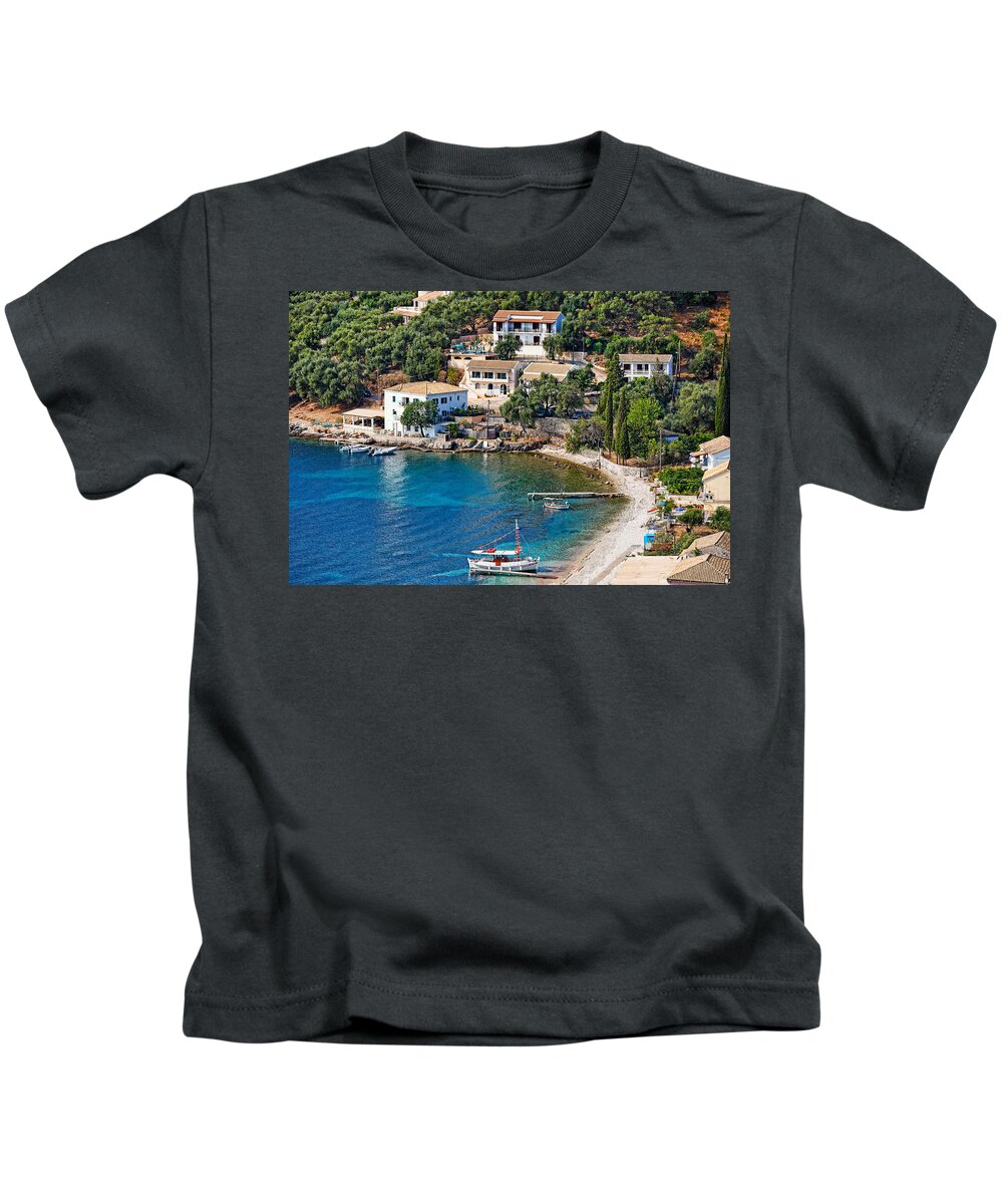Kalami Kids T-Shirt featuring the photograph Kalami village at Corfu - Greece by Constantinos Iliopoulos