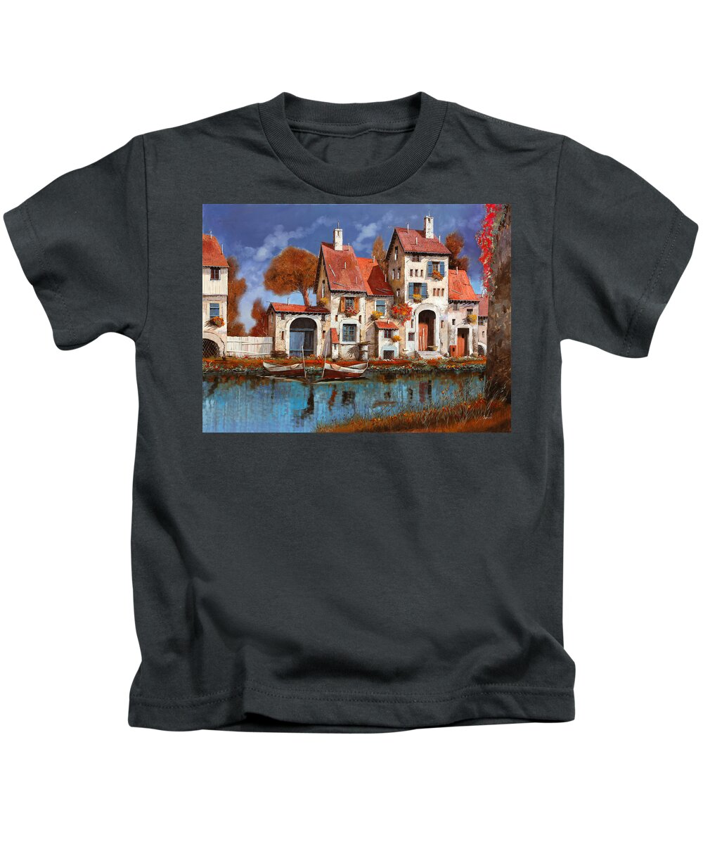 Little Village Kids T-Shirt featuring the painting La Cascina Sul Lago by Guido Borelli