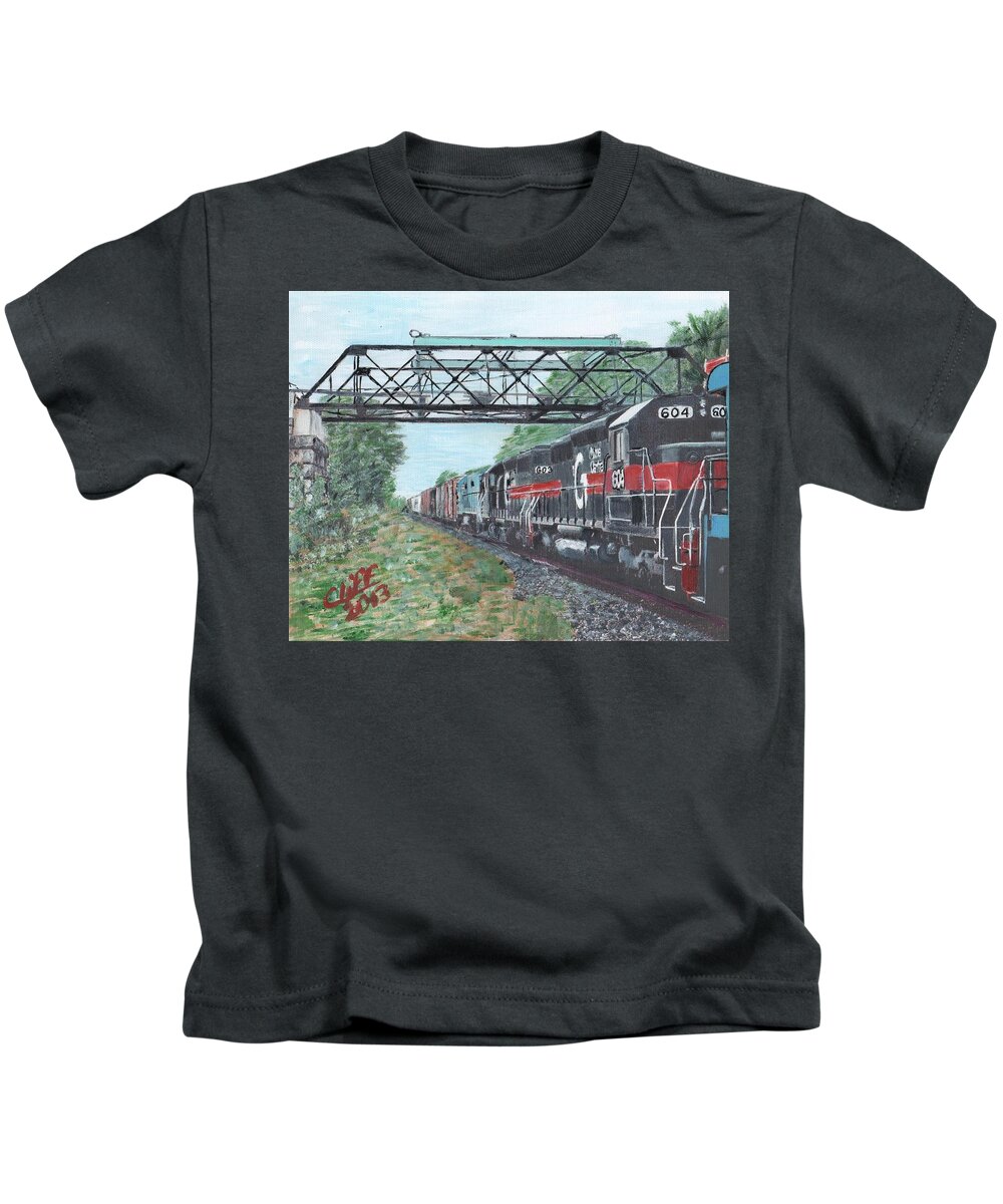 Trains Kids T-Shirt featuring the painting Last Train Under the Bridge by Cliff Wilson