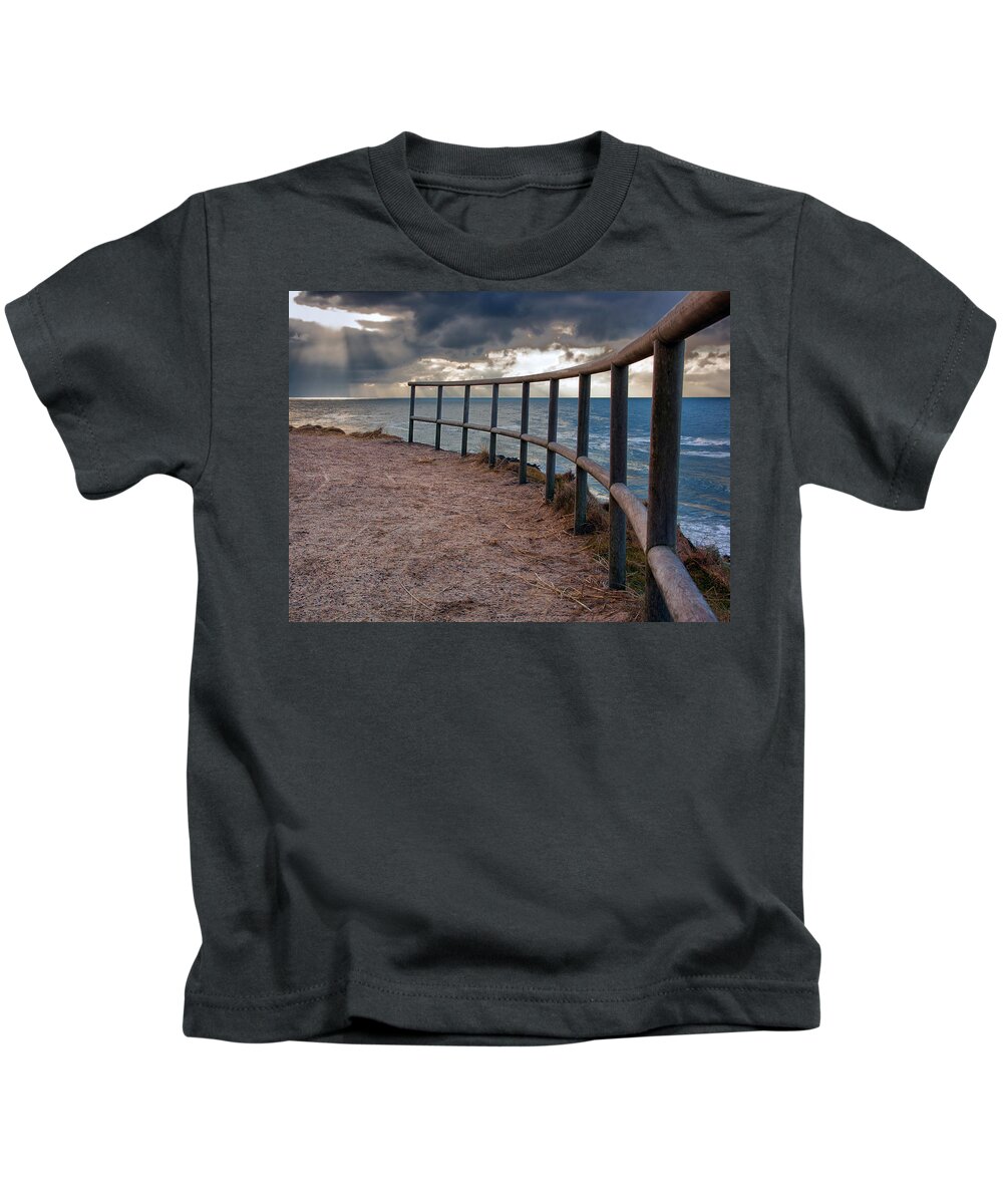 Landscape Kids T-Shirt featuring the photograph Rail by the seaside by Mike Santis
