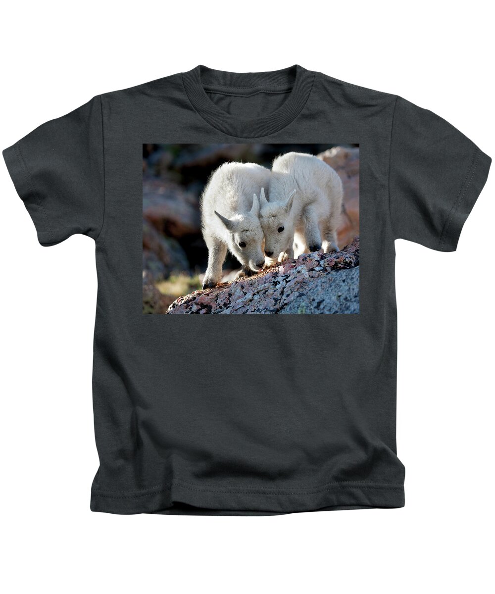 Baby Goat; Mountain Goat Baby; Happy; Joy; Nature; Brothers Kids T-Shirt featuring the photograph Lean On Me by Jim Garrison