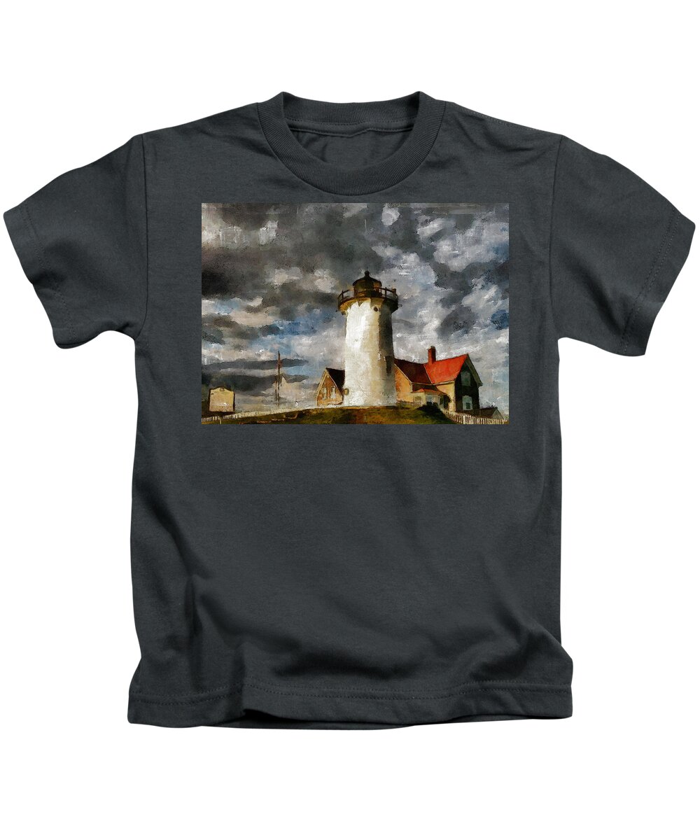 Impressionism Kids T-Shirt featuring the painting Light House In A Storm by Georgiana Romanovna