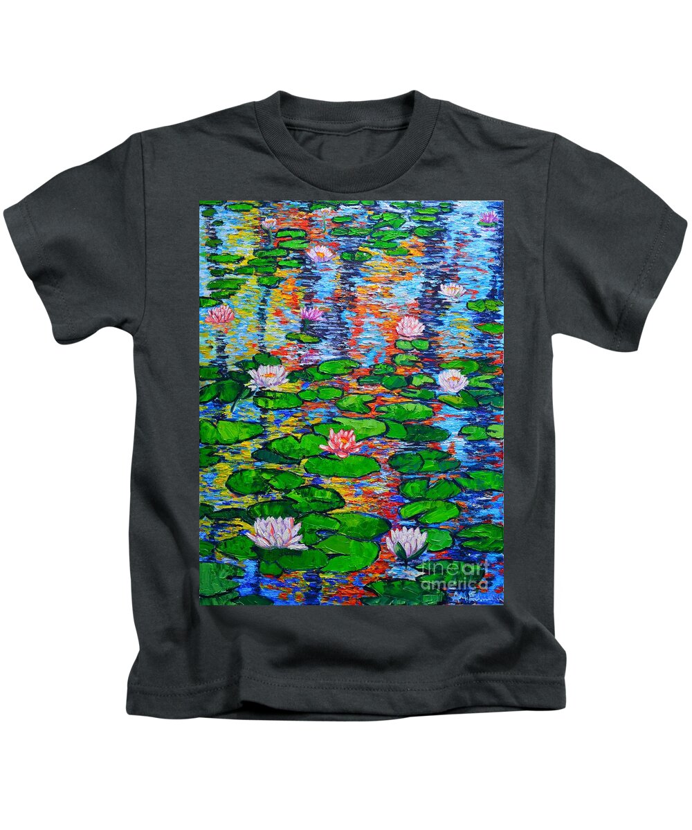 Lilies Kids T-Shirt featuring the painting Lily Pond Colorful Reflections by Ana Maria Edulescu