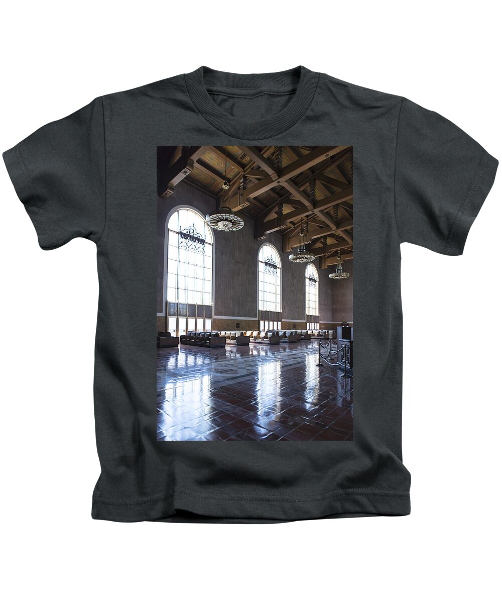Union Station Kids T-Shirt featuring the photograph Los Angeles Union Station Original Ticket Lobby vertical by Belinda Greb