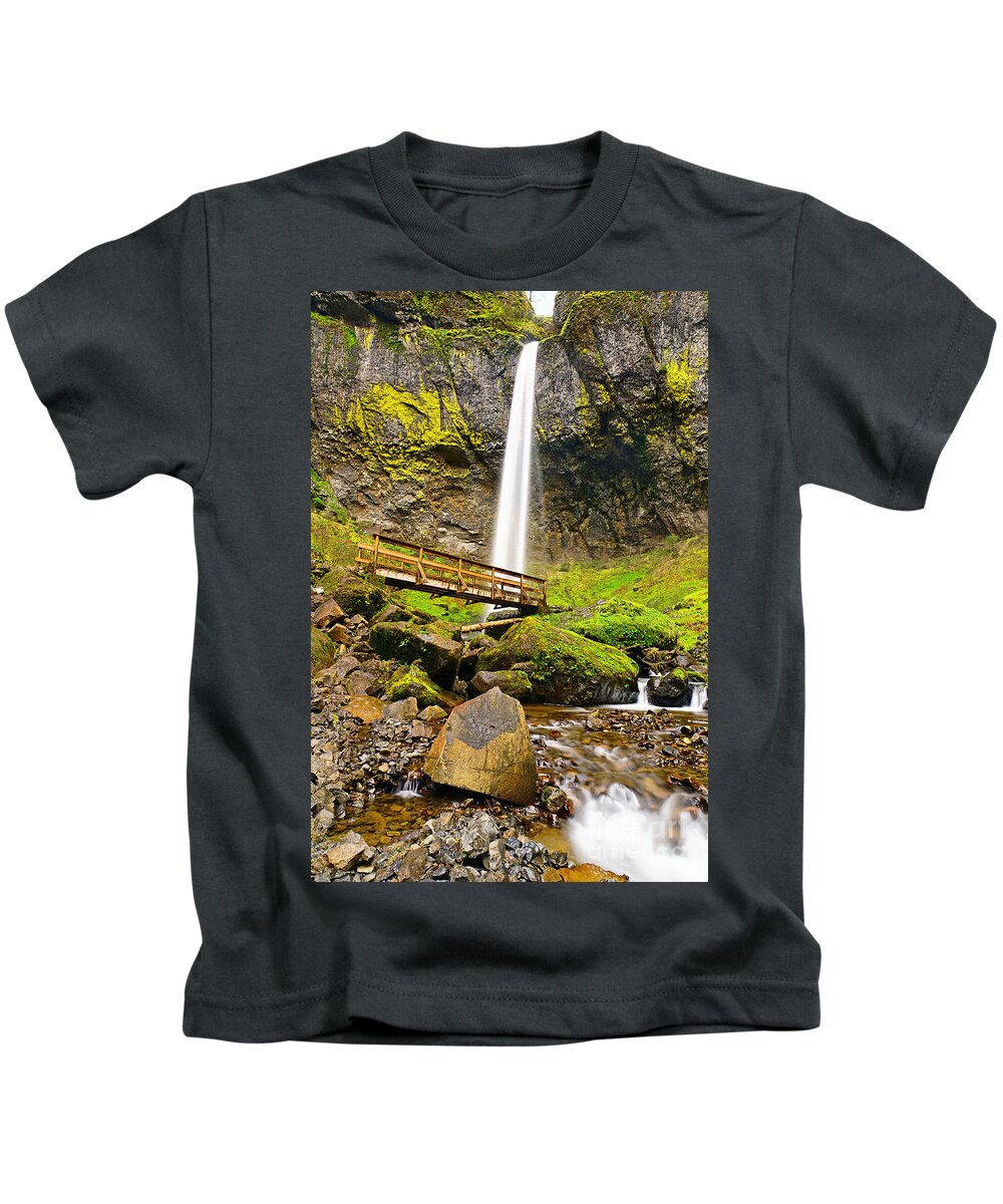 Elowah Falls Kids T-Shirt featuring the photograph Lower angle of Elowah Falls in the Columbia River Gorge of Oregon by Jamie Pham