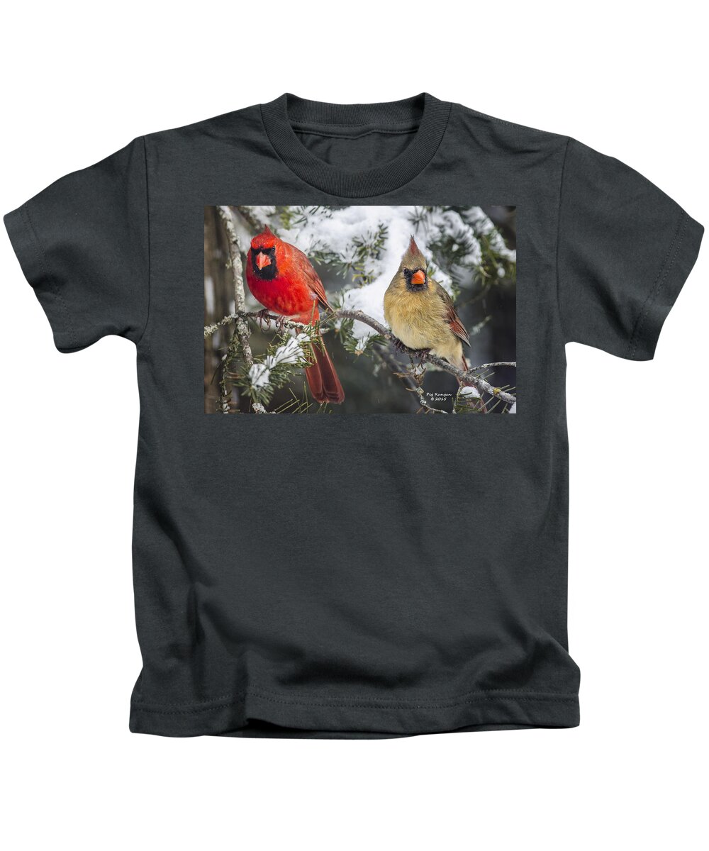 Male Cardinal Kids T-Shirt featuring the photograph Ma and Pa Cardinal by Peg Runyan
