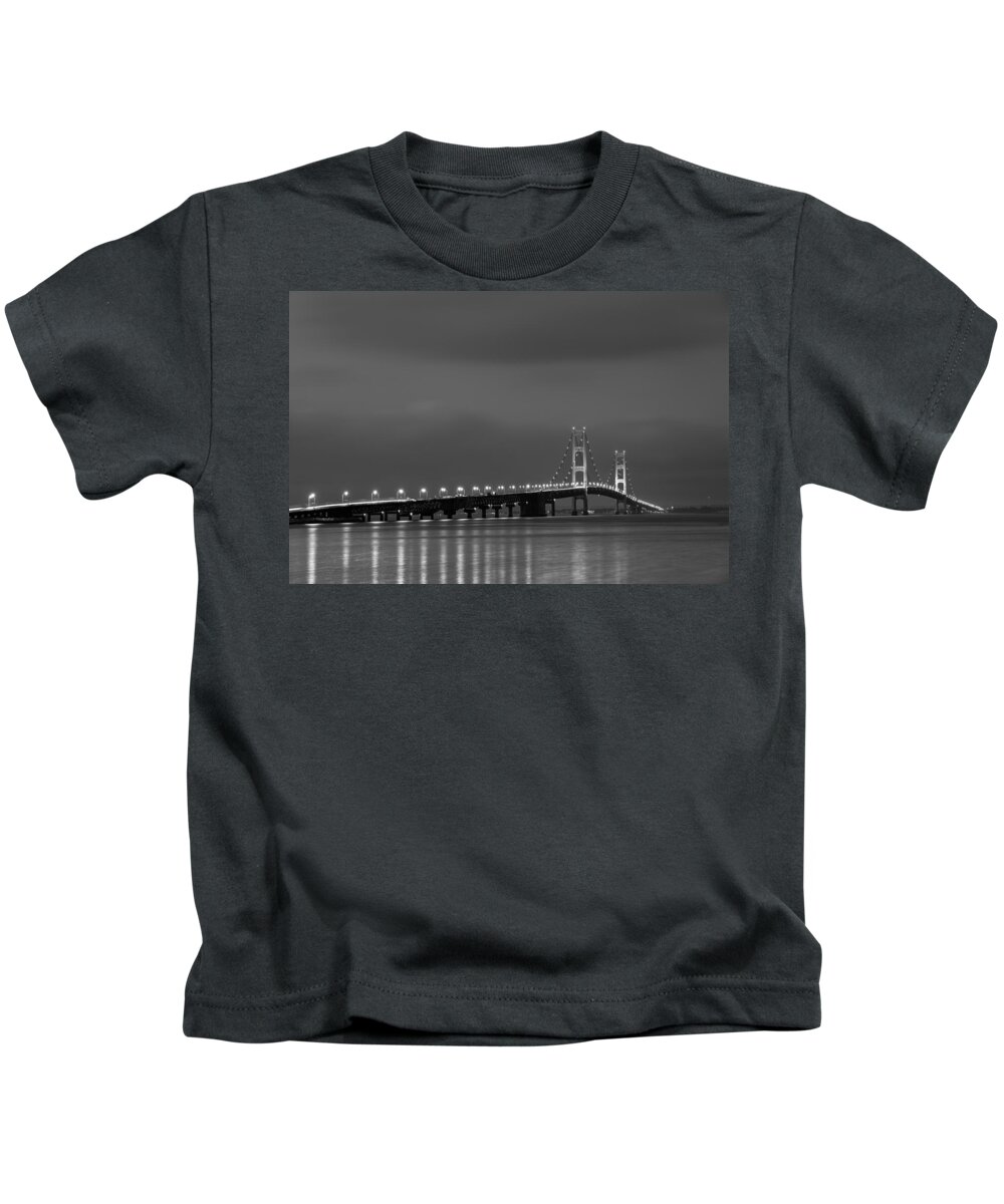 Dusk Kids T-Shirt featuring the photograph Mackinac Bridge Black and White by Sebastian Musial