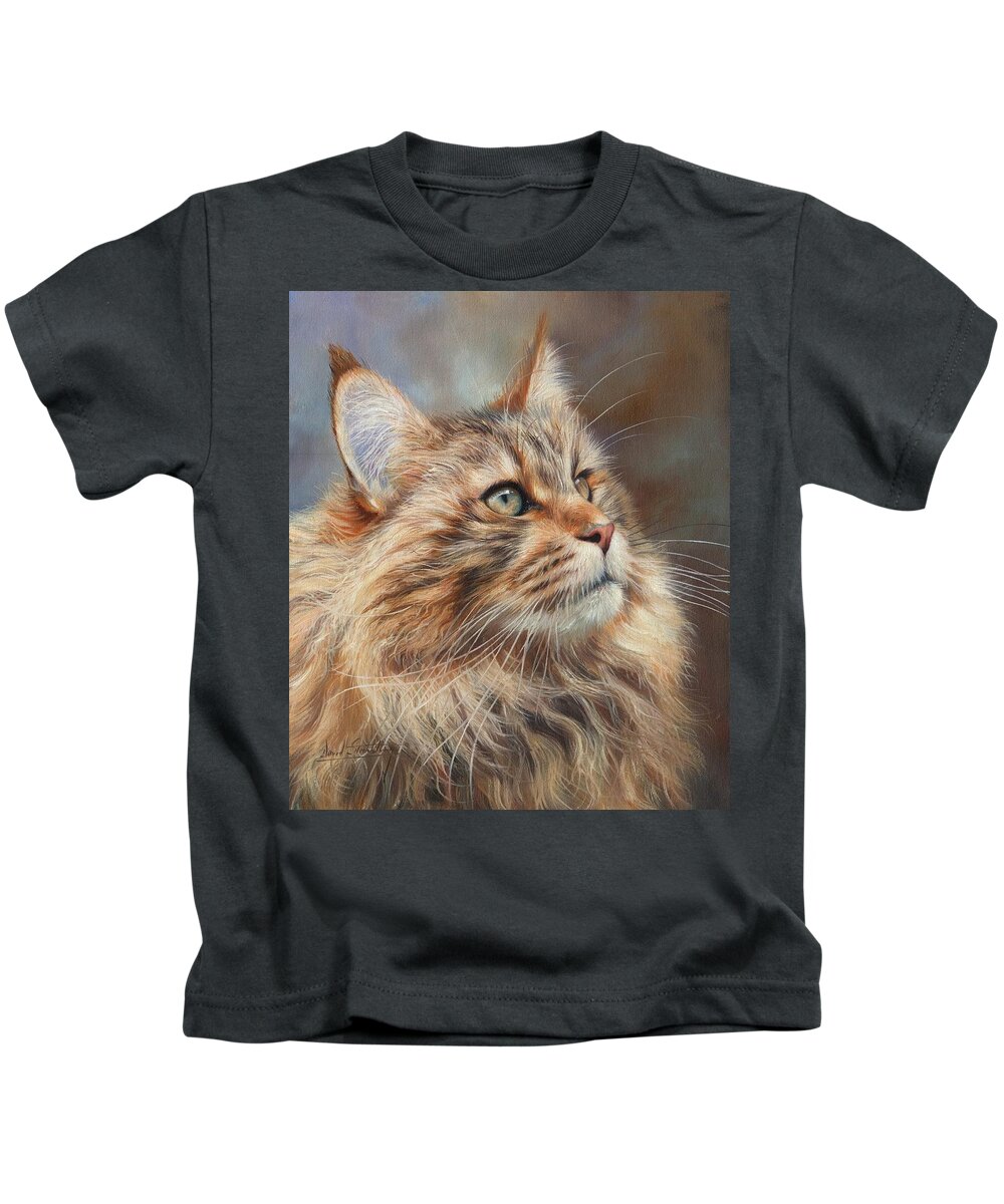 Cat Kids T-Shirt featuring the painting Maine Coon Cat by David Stribbling