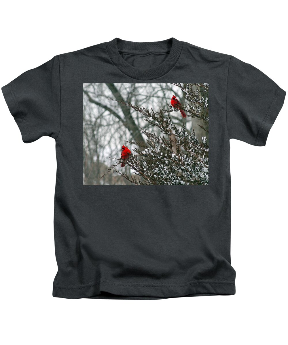 Winter Kids T-Shirt featuring the photograph Male Cardinal Pair by Karen Adams