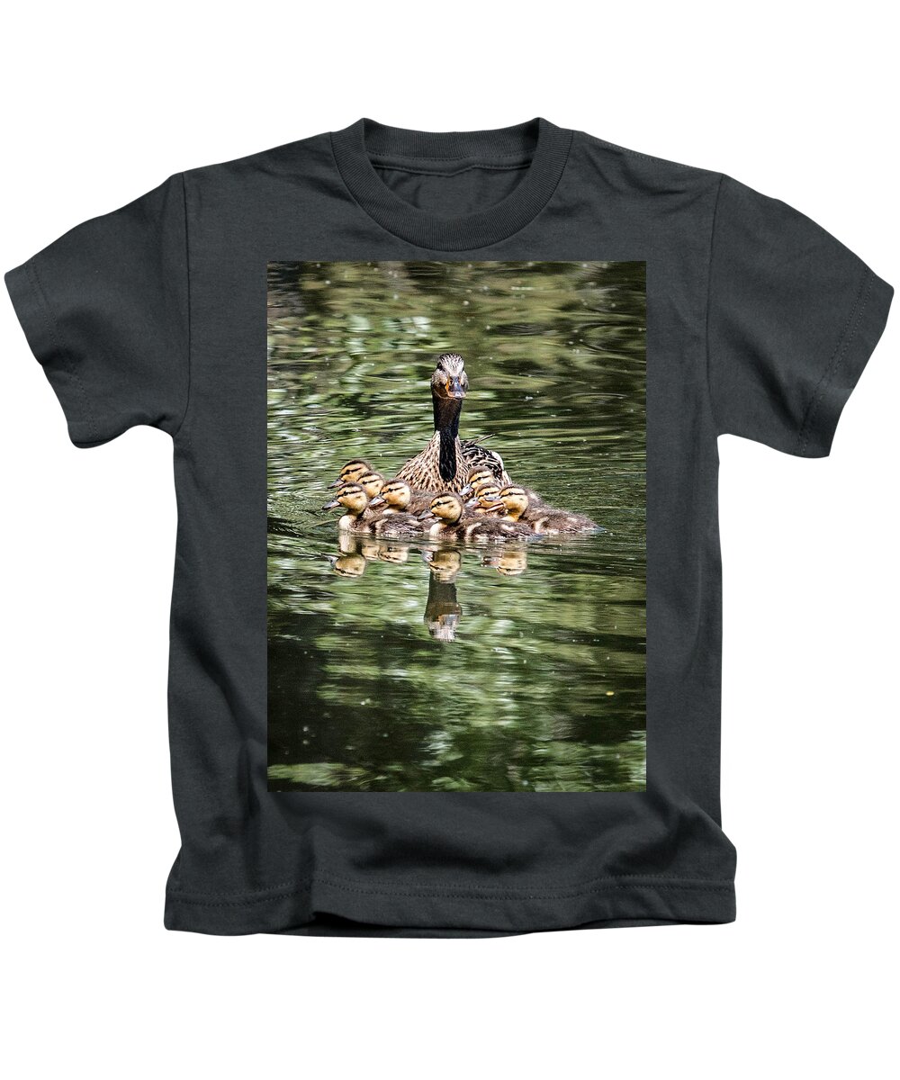 Anas Platyrhynchos Kids T-Shirt featuring the photograph Mallard Hen with Ducklings and Reflection by Dawn Key
