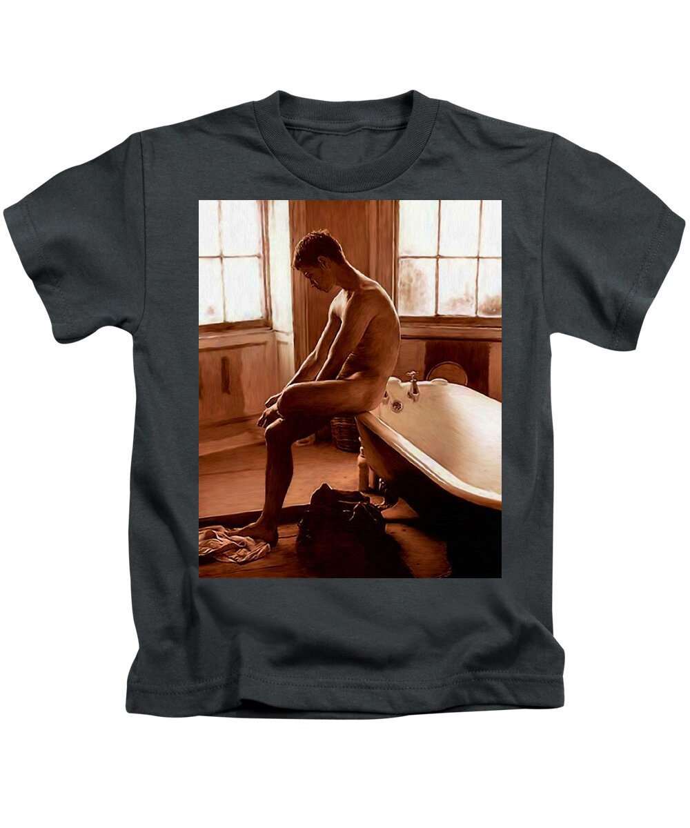 Naked Man Kids T-Shirt featuring the painting Man and Bath by Troy Caperton