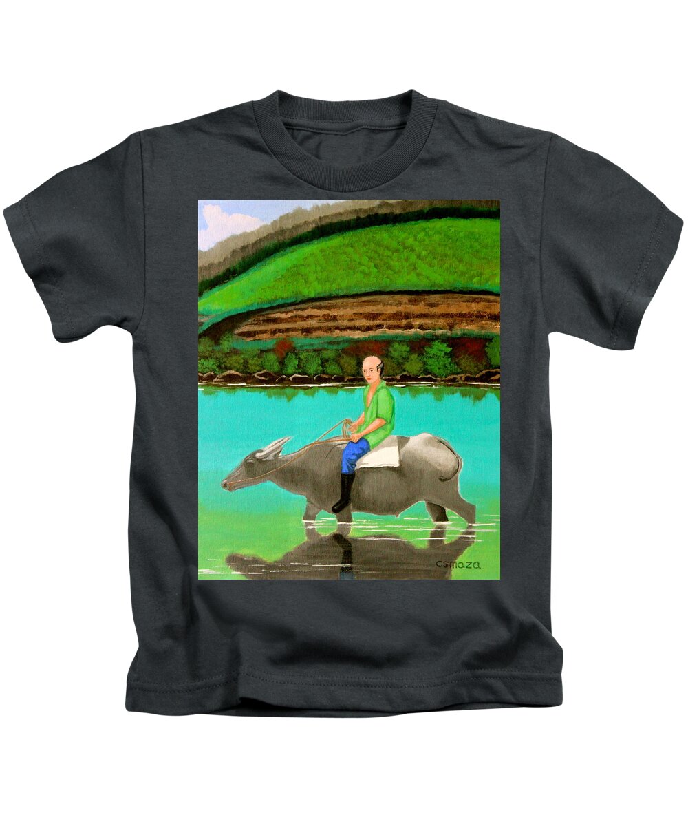Landscape Kids T-Shirt featuring the painting Man Riding a Carabao by Cyril Maza