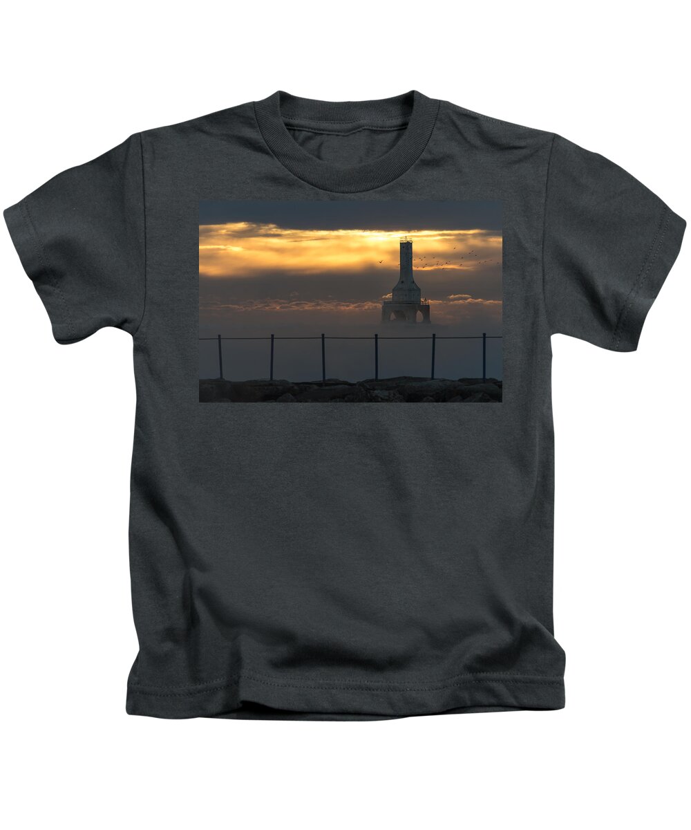  #cold #fog #foggy #icon #landscape #lighthouse #maritime #mist #mood #moody #navigation #sailing #seagull #seascape #sunrise #view Kids T-Shirt featuring the photograph Many Moods by James Meyer