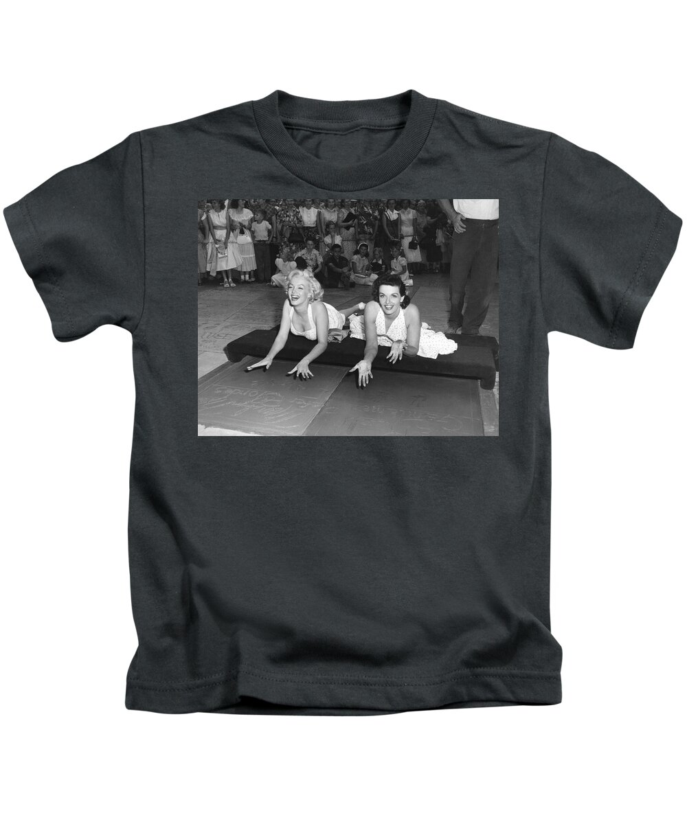 1950's Kids T-Shirt featuring the photograph Marilyn Monroe And Jane Russell by Underwood Archives